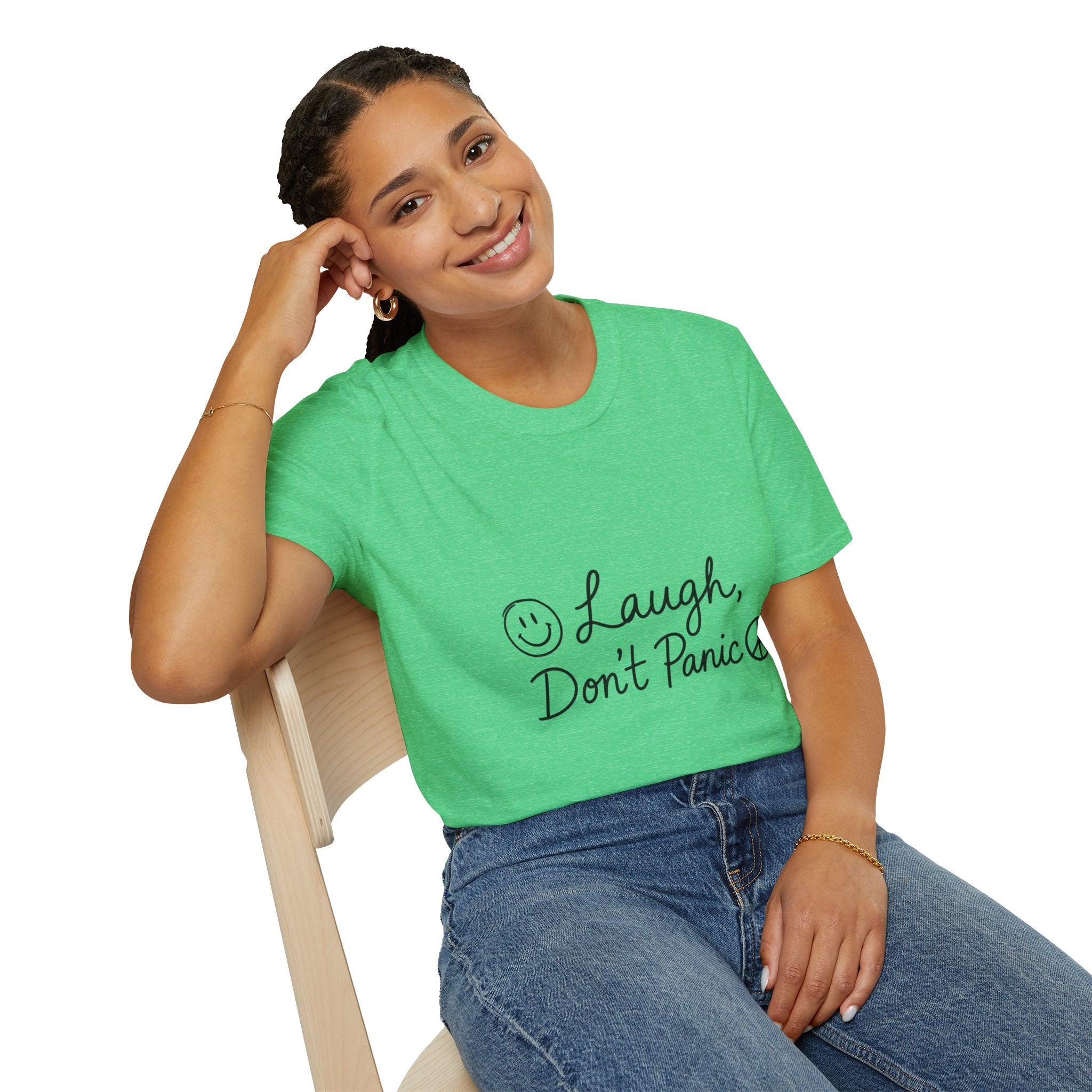 Laugh Don't Panic T-Shirt | Smiley Peace Sign Typography