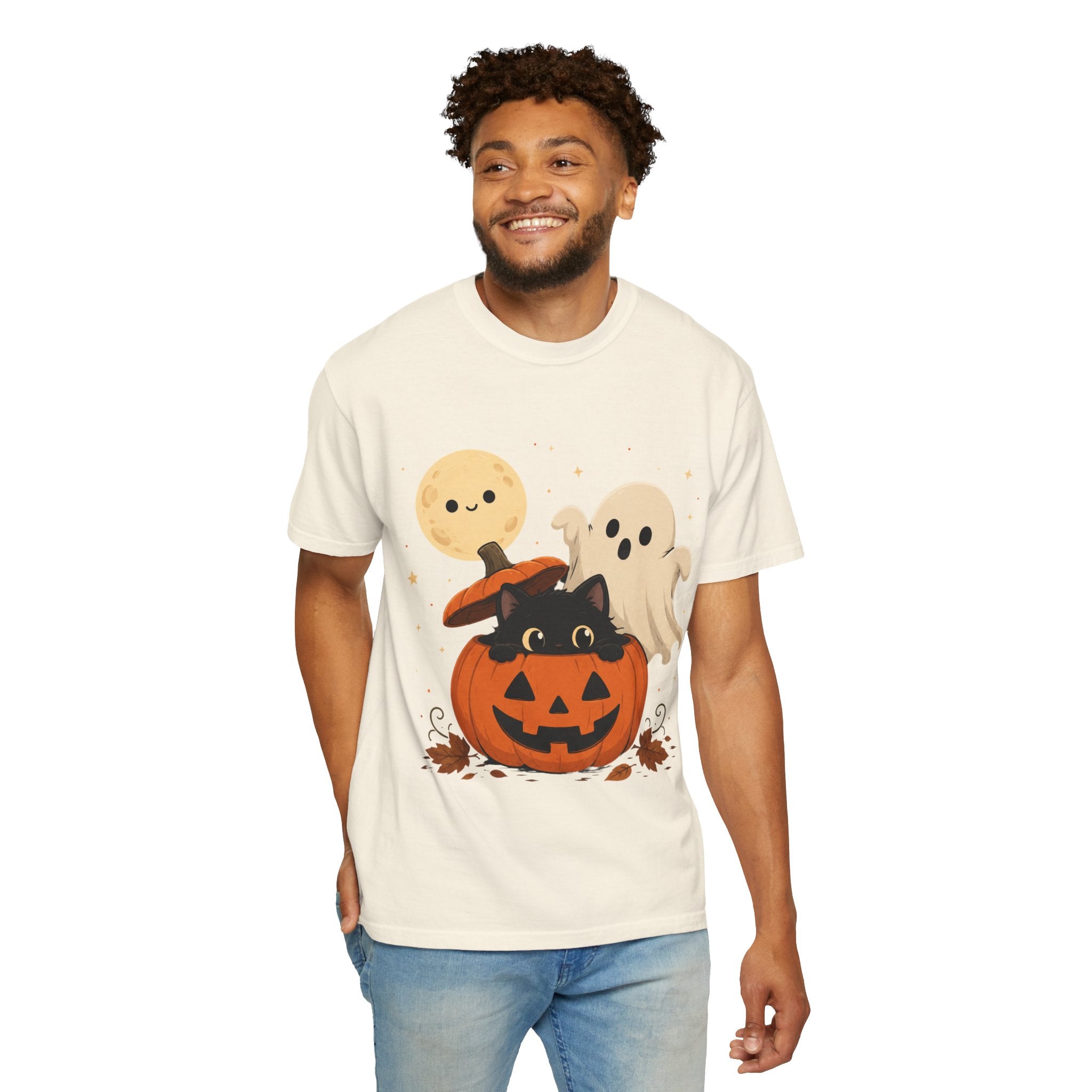 Halloween Cute Pumpkin Cat Tee — Kawaii Ghosts & Moon Graphic T-Shirt