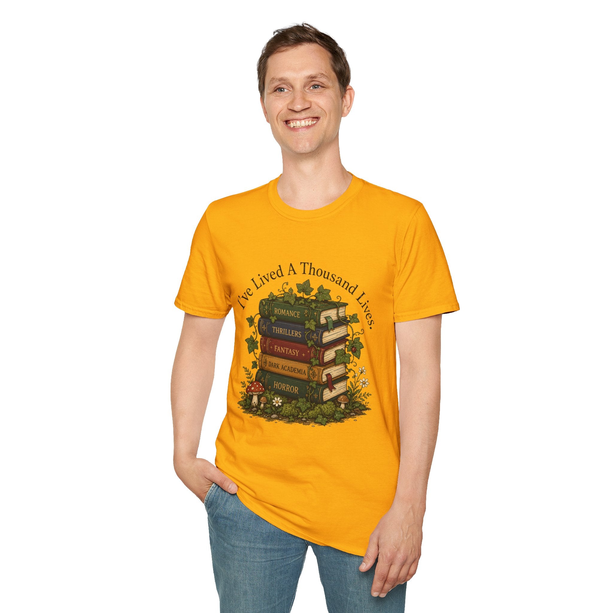 Book Lover T-Shirt — "I've Lived A Thousand Lives" Vintage Stack of Books Design