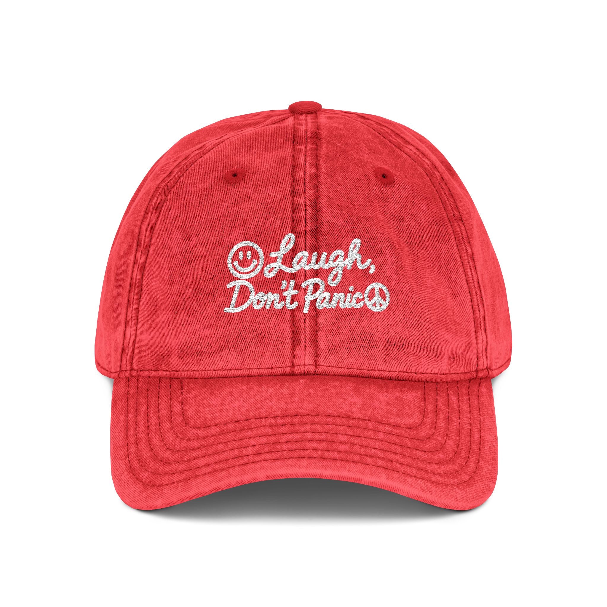 Vintage Red Embroidered Cap – “Laugh Don’t Panic” Smiley Dad Hat