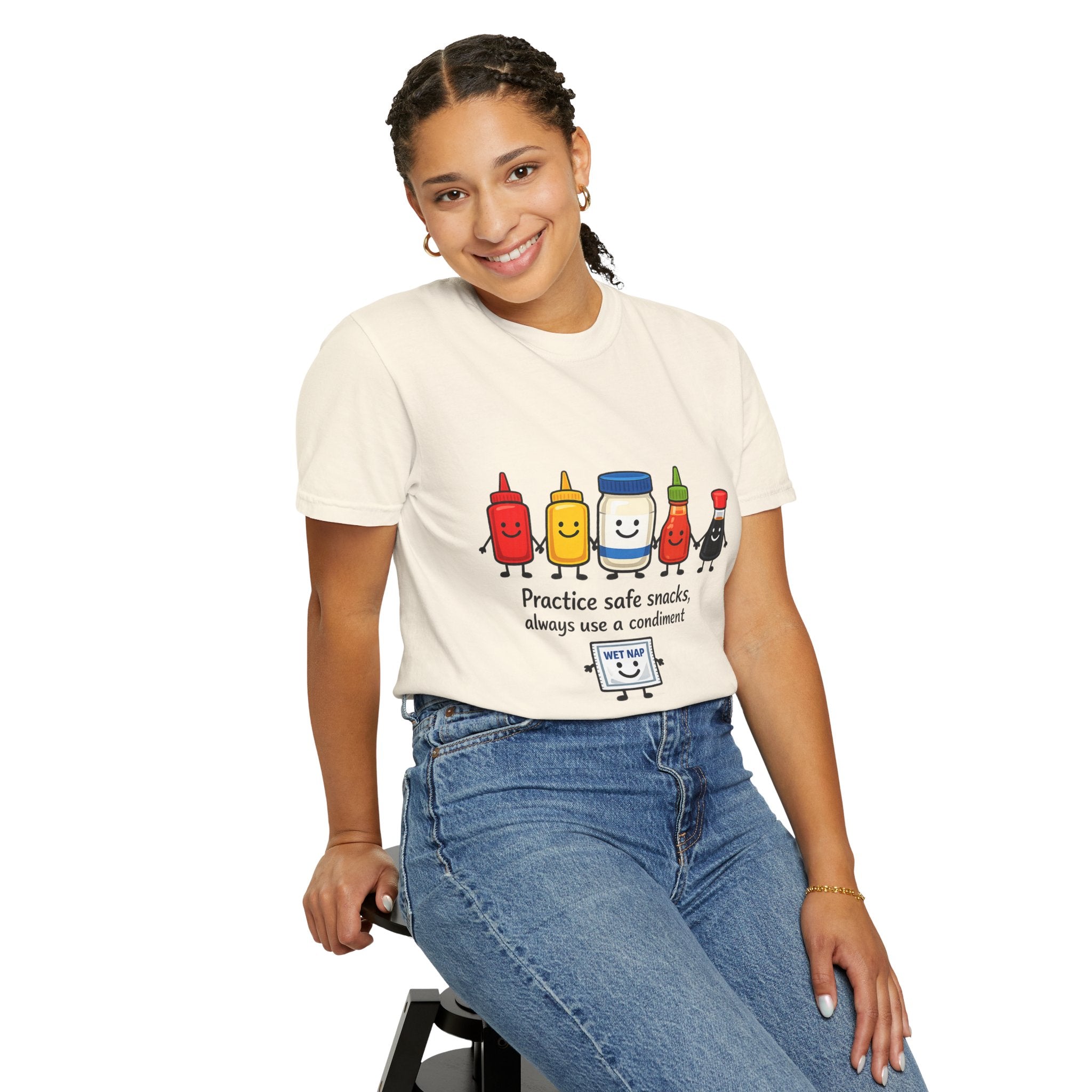 Condom Cartoon T-Shirt — "Practice Safe Snacks" Funny Safe Sex Graphic Tee