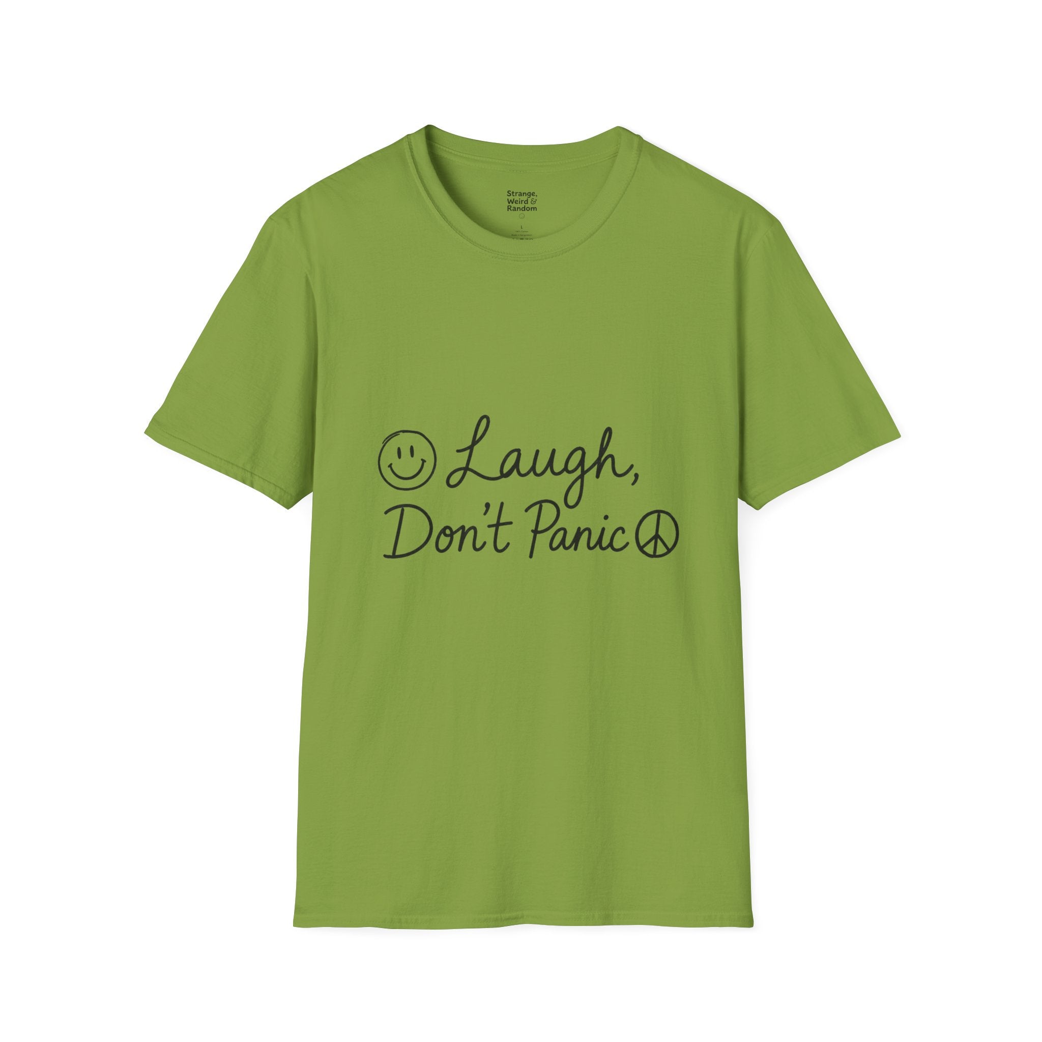 Laugh Don't Panic T-Shirt | Smiley Peace Sign Typography