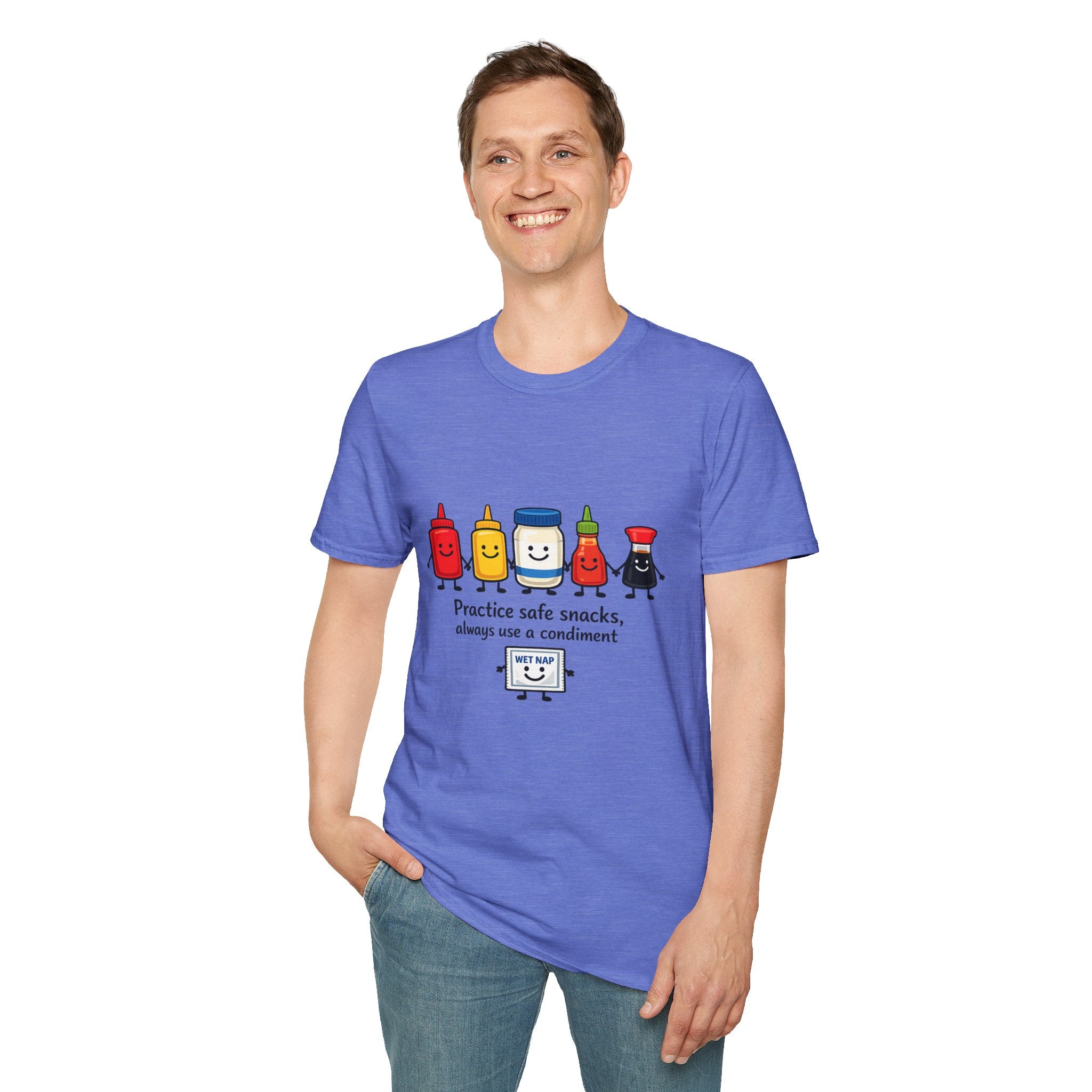 Practice Safe Snacks condiment characters T-Shirt | Ketchup Mustard Peanut Butter Jelly