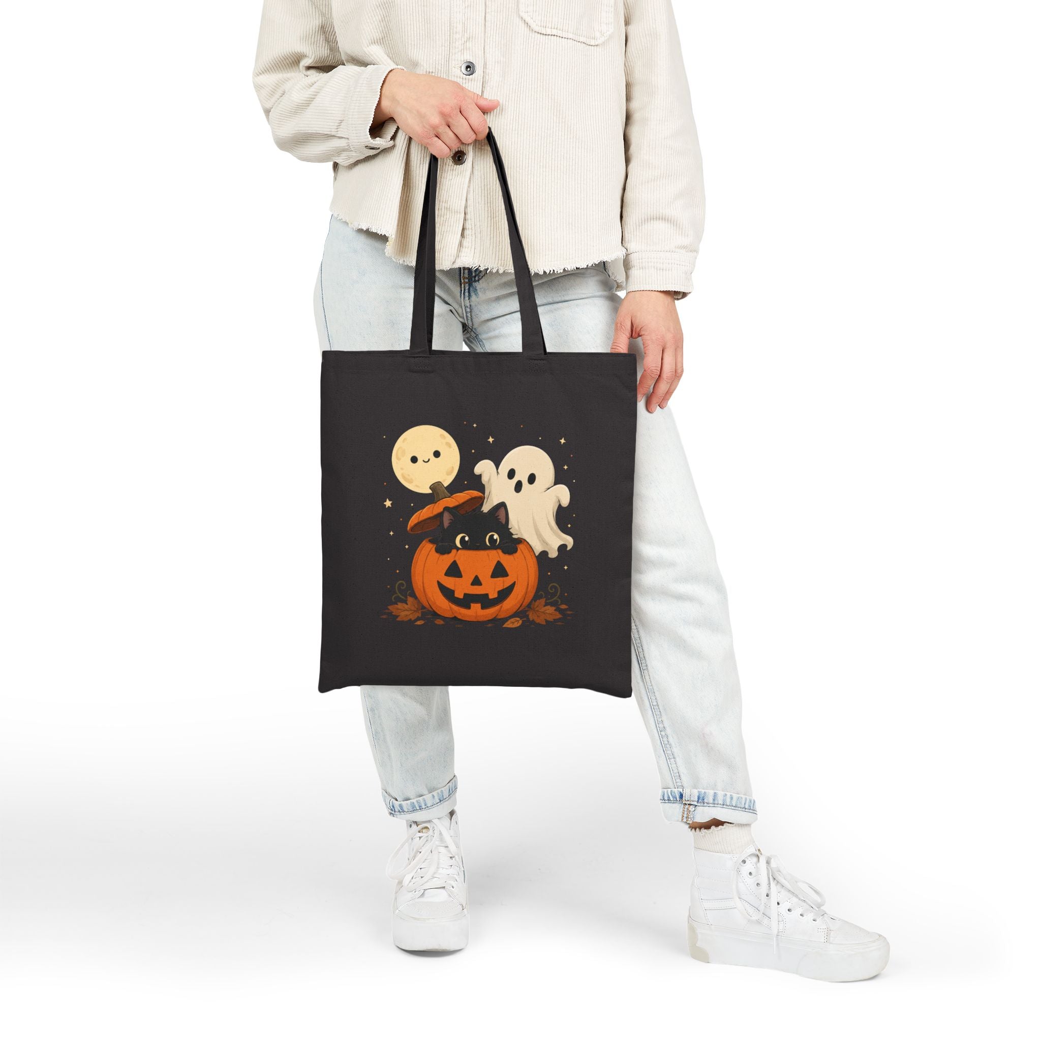 Reusable Single Sided Trick-or-Treat Bag Halloween Cotton Canvas Tote — Cute Pumpkin with Black Cat & Ghosts, Trick or Treat