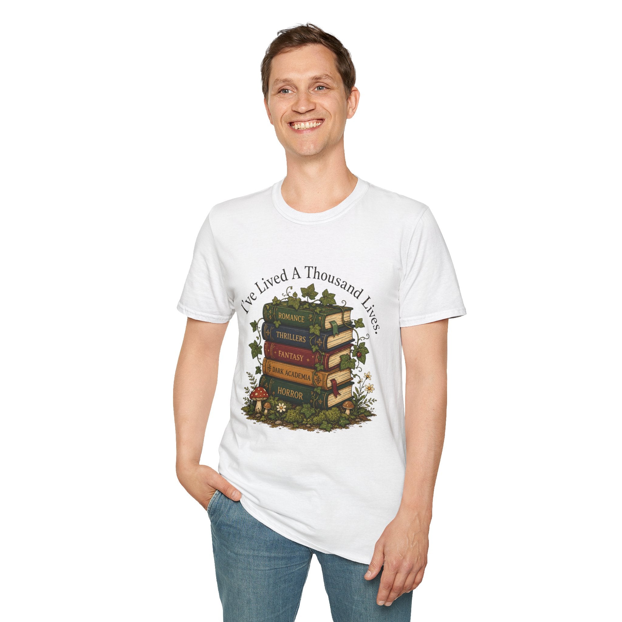 Book Lover T-Shirt — "I've Lived A Thousand Lives" Vintage Stack of Books Design