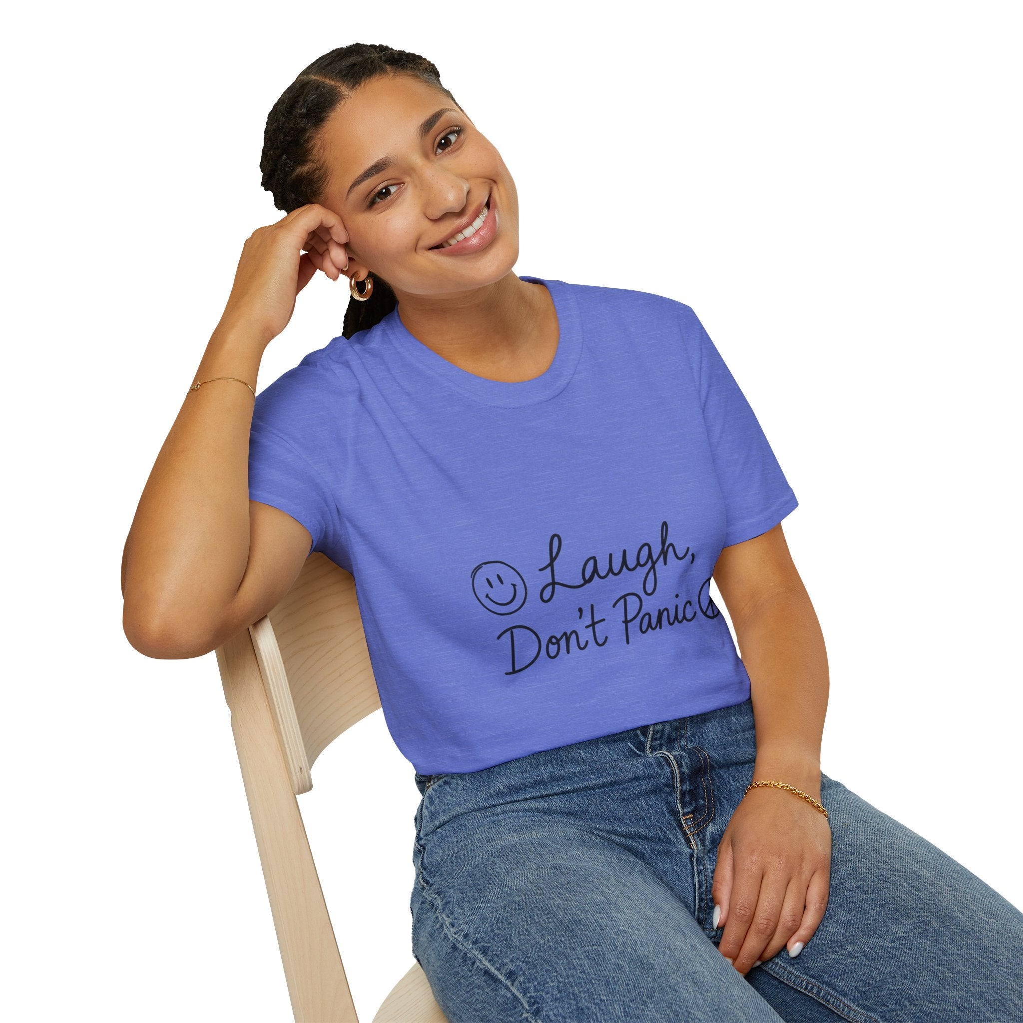 Laugh Don't Panic T-Shirt | Smiley Peace Sign Typography