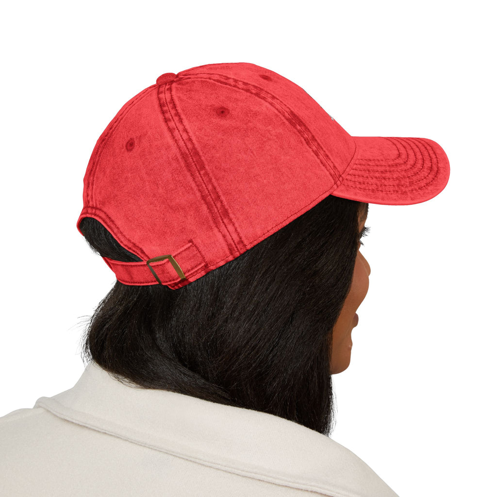 Vintage Red Embroidered Cap – “Laugh Don’t Panic” Smiley Dad Hat