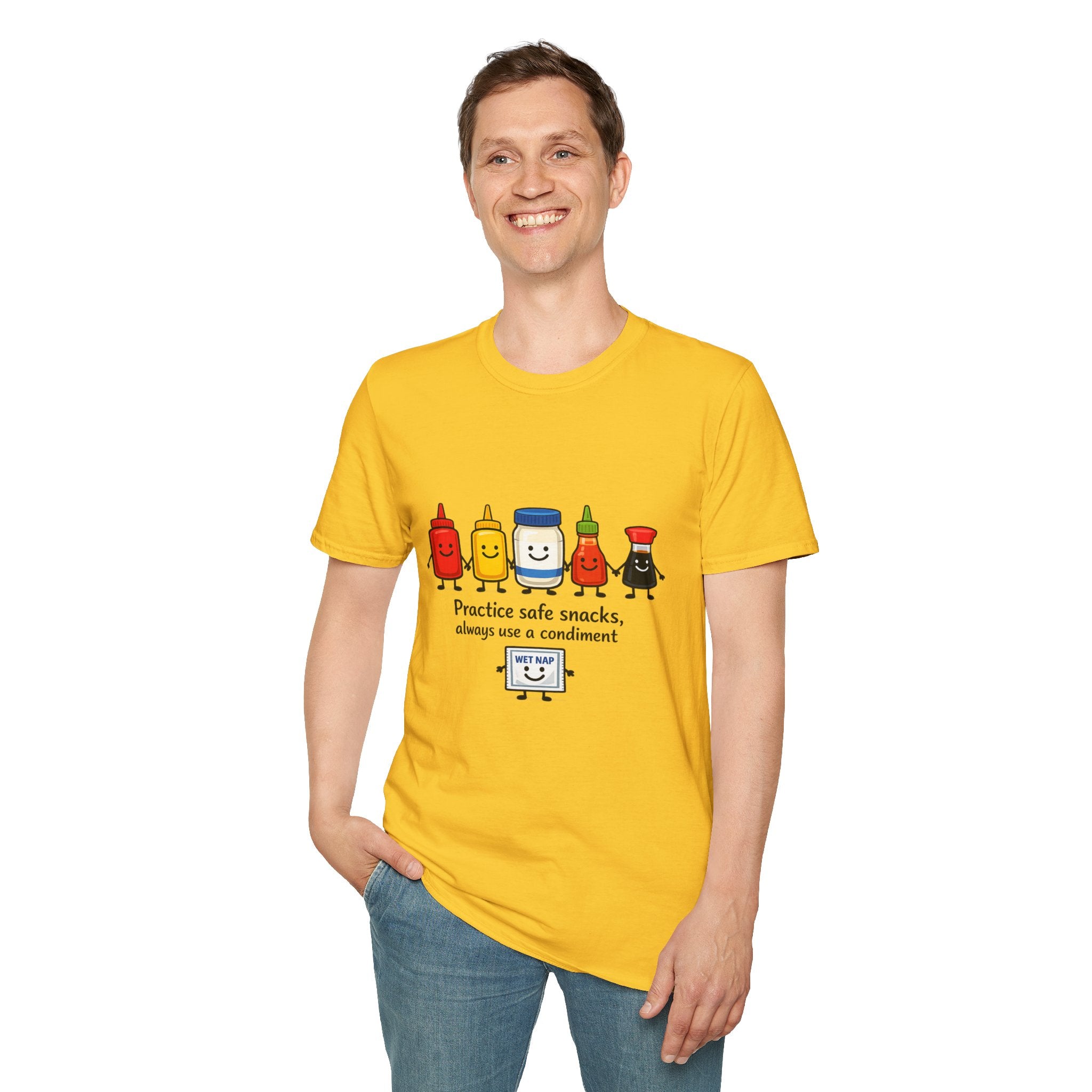Practice Safe Snacks condiment characters T-Shirt | Ketchup Mustard Peanut Butter Jelly