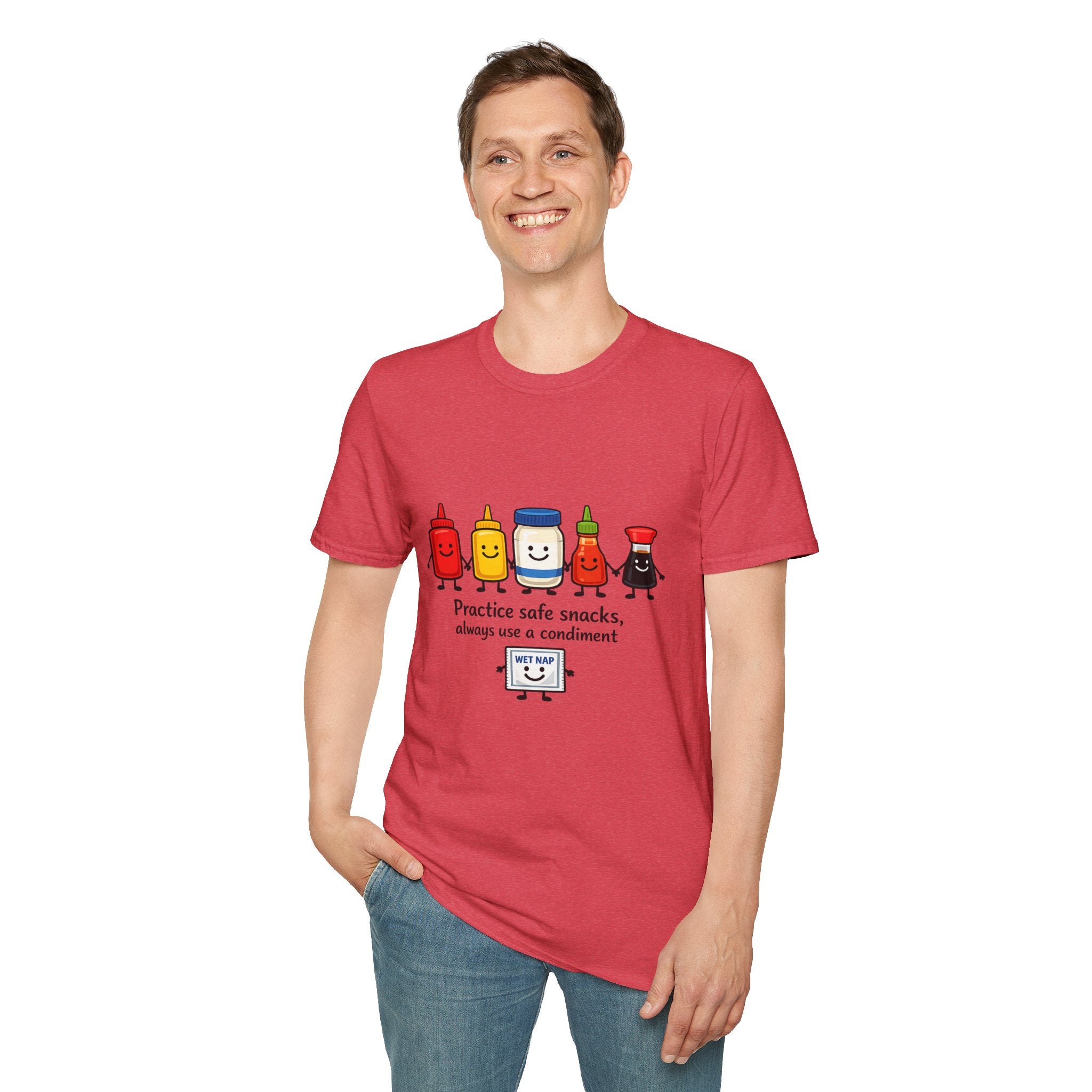 Practice Safe Snacks condiment characters T-Shirt | Ketchup Mustard Peanut Butter Jelly