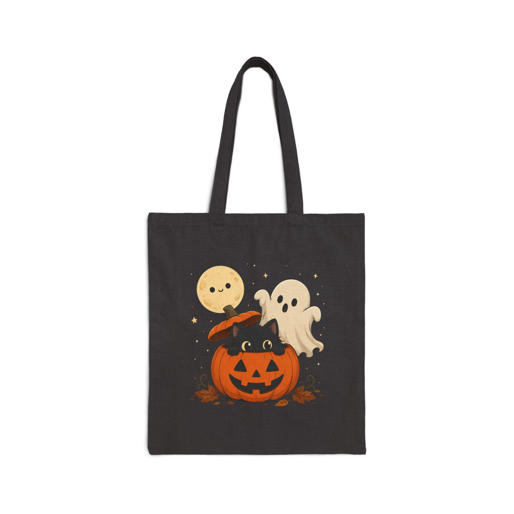 Reusable Double Sided Trick-or-Treat Bag Halloween Cotton Canvas Tote — Cute Pumpkin with Black Cat & Ghosts, Trick or Treat