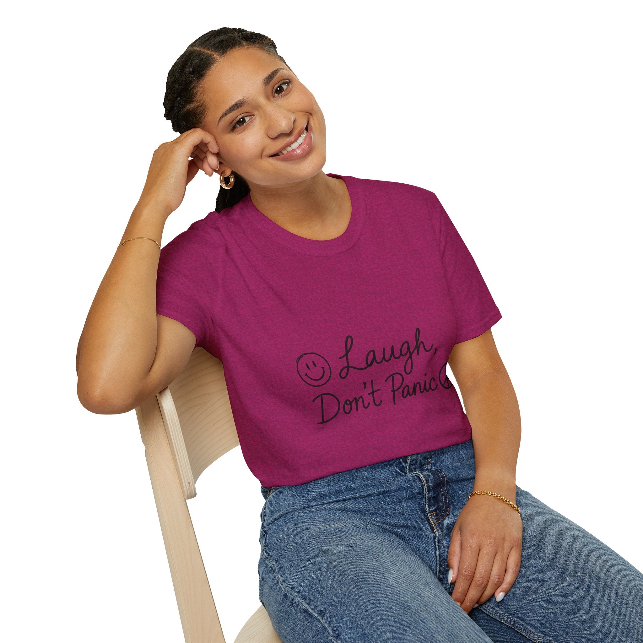 Laugh Don't Panic T-Shirt | Smiley Peace Sign Typography