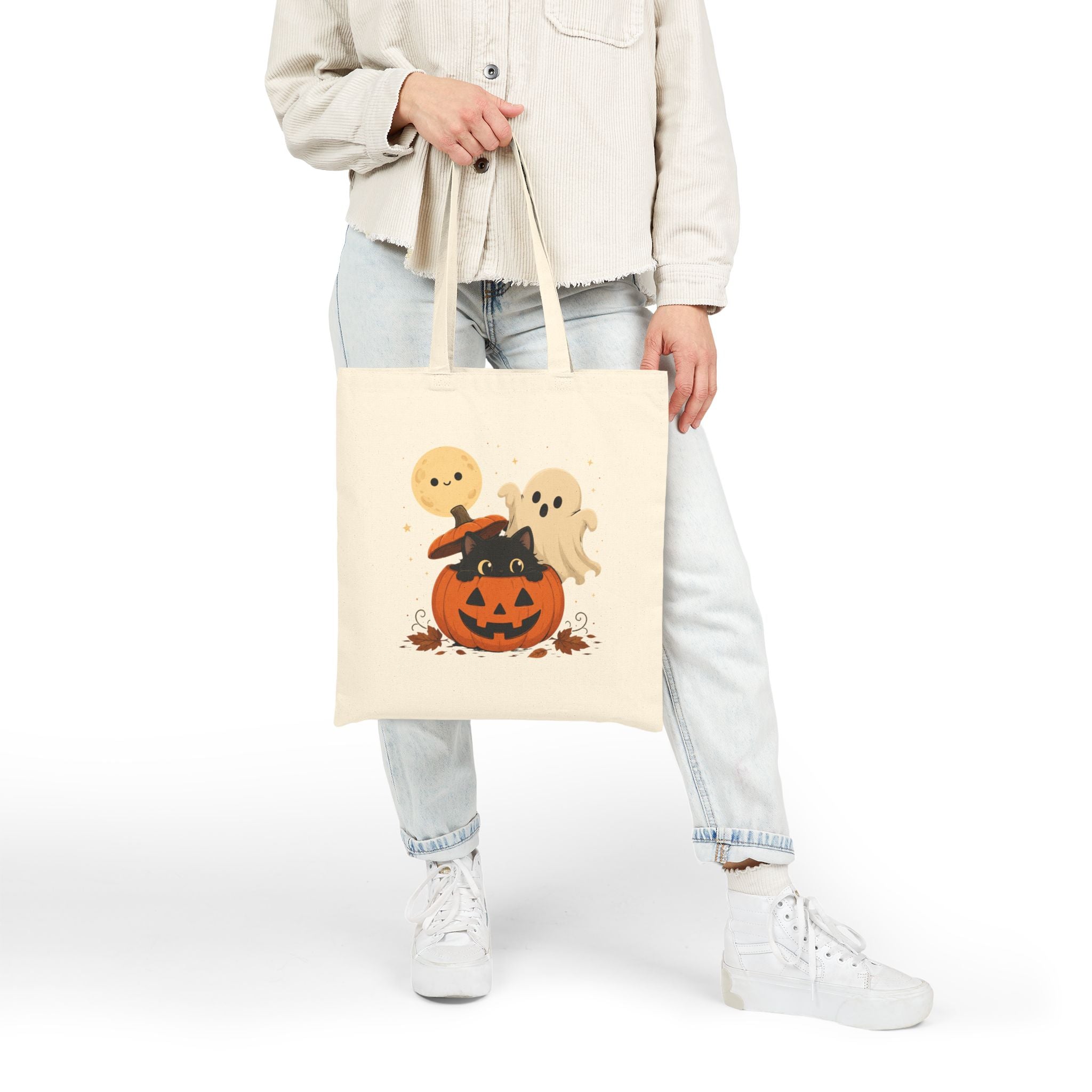 Reusable Single Sided Trick-or-Treat Bag Halloween Cotton Canvas Tote — Cute Pumpkin with Black Cat & Ghosts, Trick or Treat