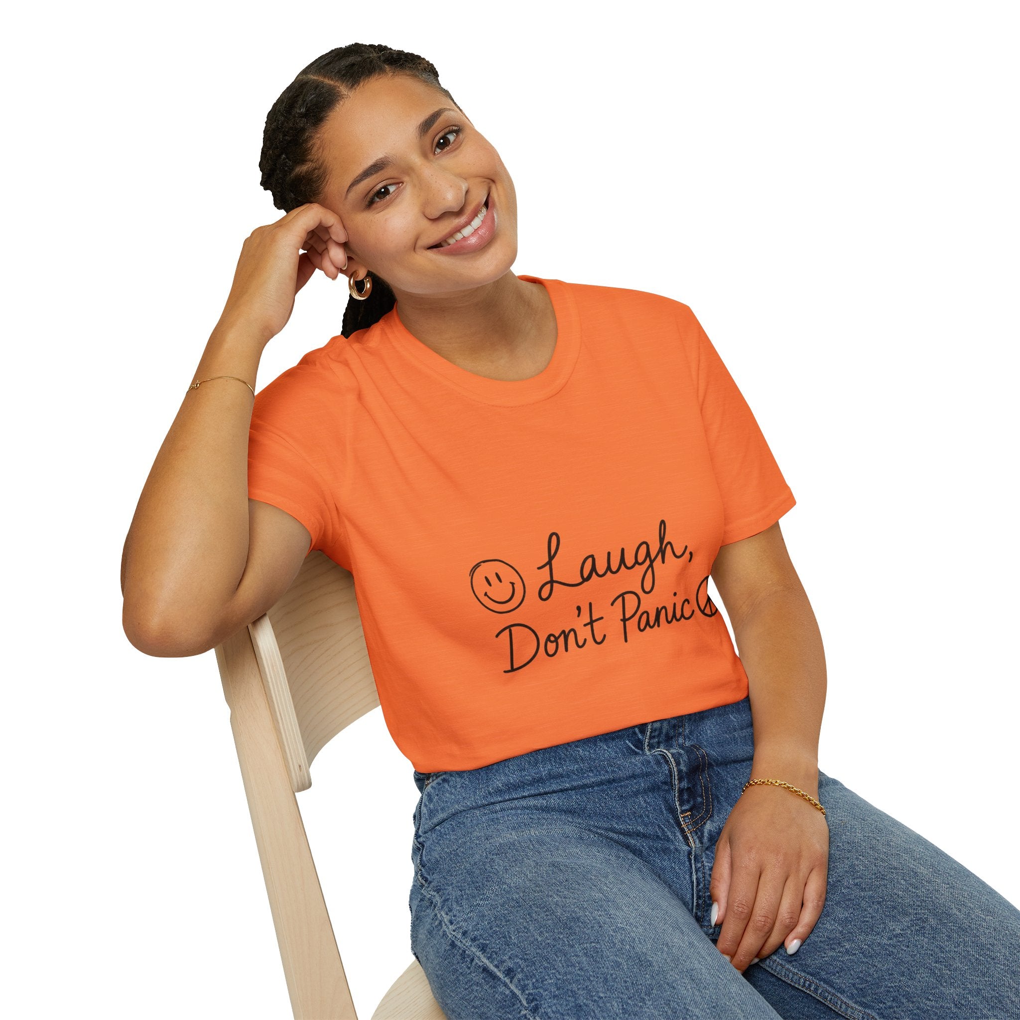 Laugh Don't Panic T-Shirt | Smiley Peace Sign Typography