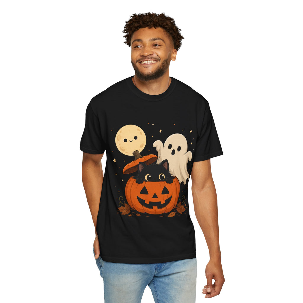 Halloween Cute Pumpkin Cat Tee — Kawaii Ghosts & Moon Graphic T-Shirt