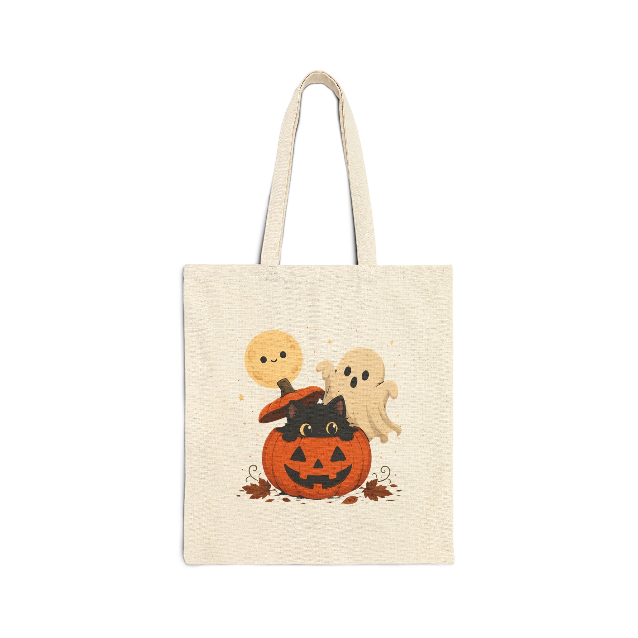 Reusable Single Sided Trick-or-Treat Bag Halloween Cotton Canvas Tote — Cute Pumpkin with Black Cat & Ghosts, Trick or Treat